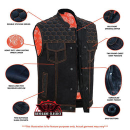 Night Tiger Men's Black Mesh Textile Vest with Orange Diamond Stitch