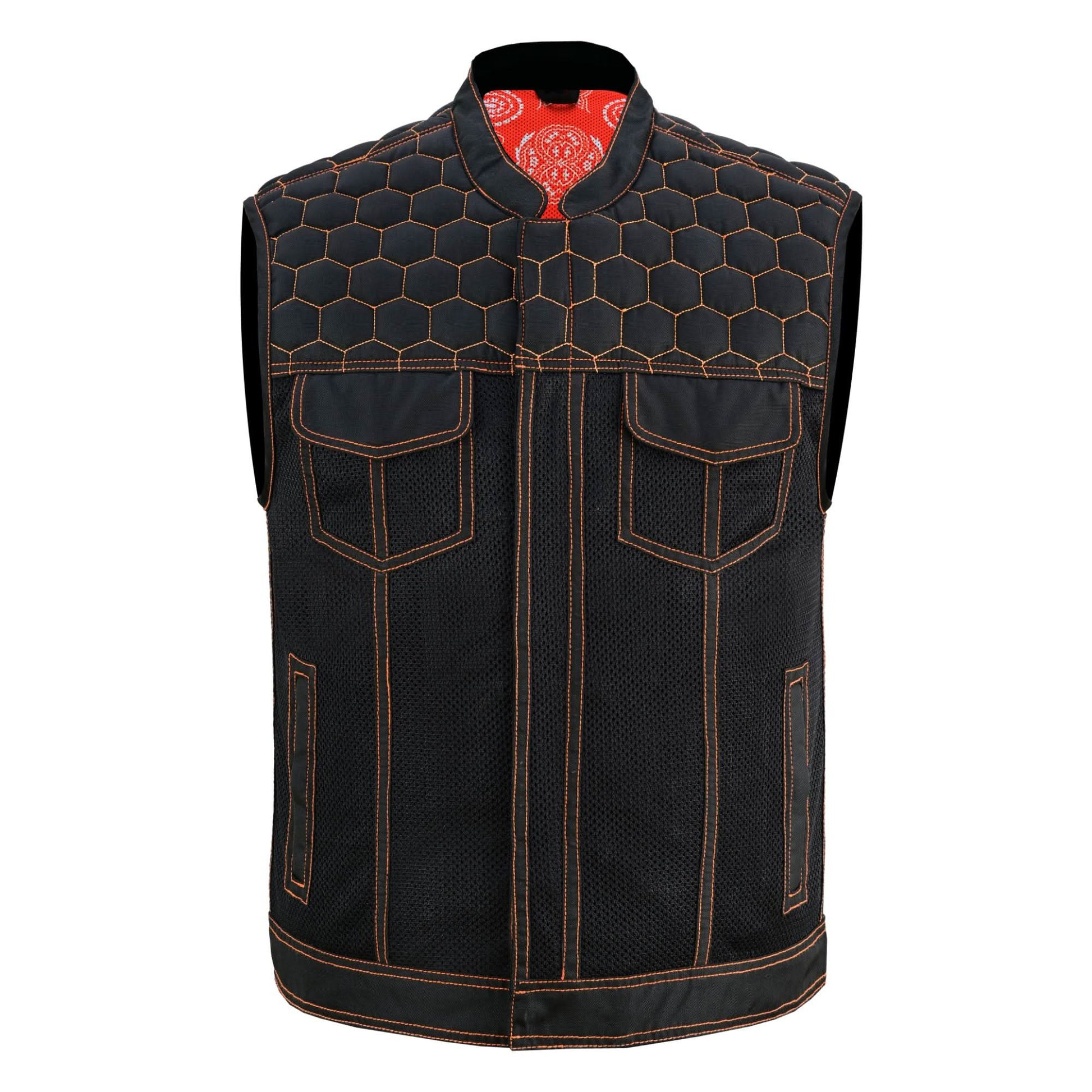 Night Tiger Menâ€™s Black Mesh Textile Vest with Orange Diamond Stitch Mens Textile Vests Renegade Classics