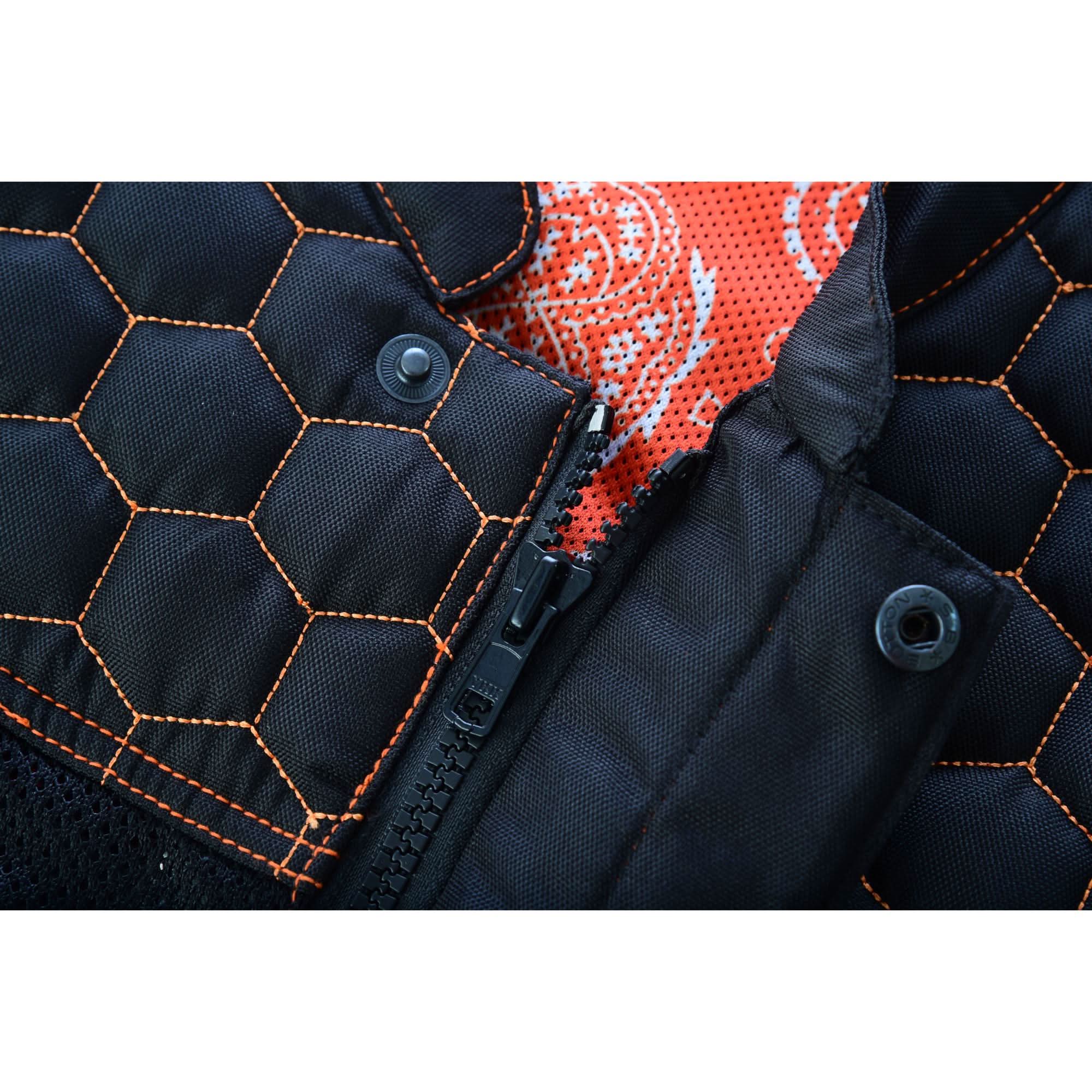 Night Tiger Menâ€™s Black Mesh Textile Vest with Orange Diamond Stitch Mens Textile Vests Renegade Classics