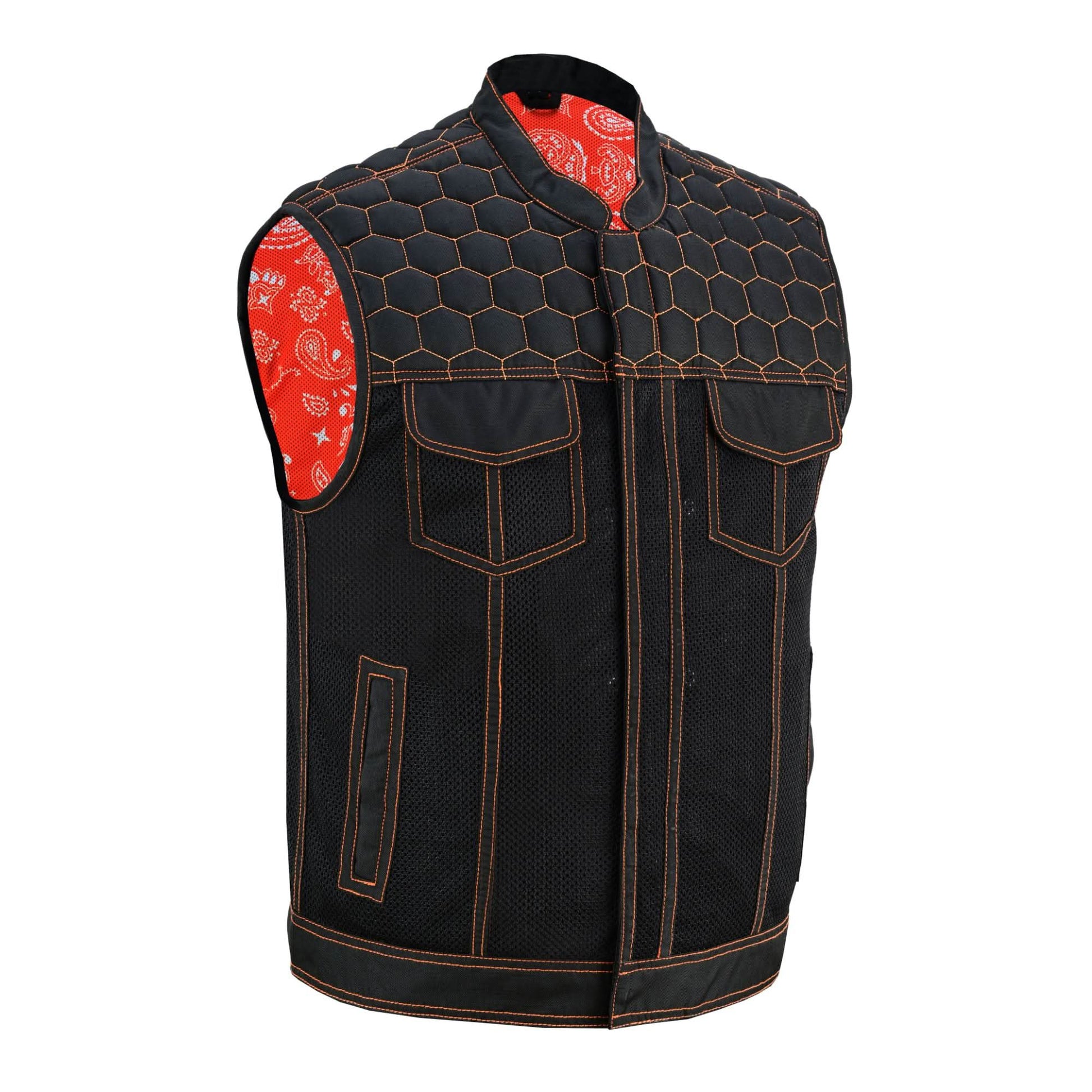 Night Tiger Men's Black Mesh Textile Vest with Orange Diamond Stitch Mens Textile Vests Renegade Classics