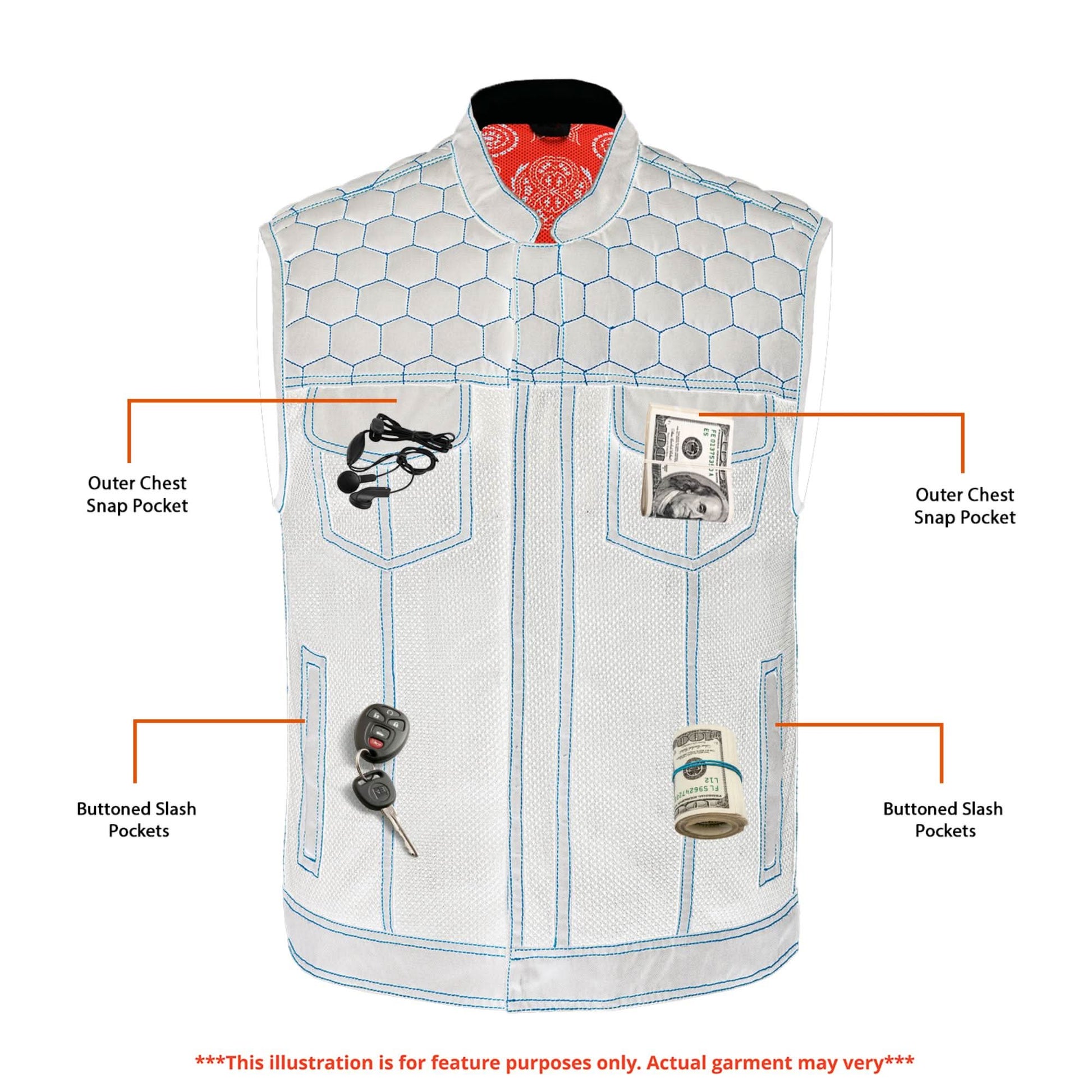 Night Tiger Menâ€™s Black Mesh Textile Vest with Orange Diamond Stitch Mens Textile Vests Renegade Classics