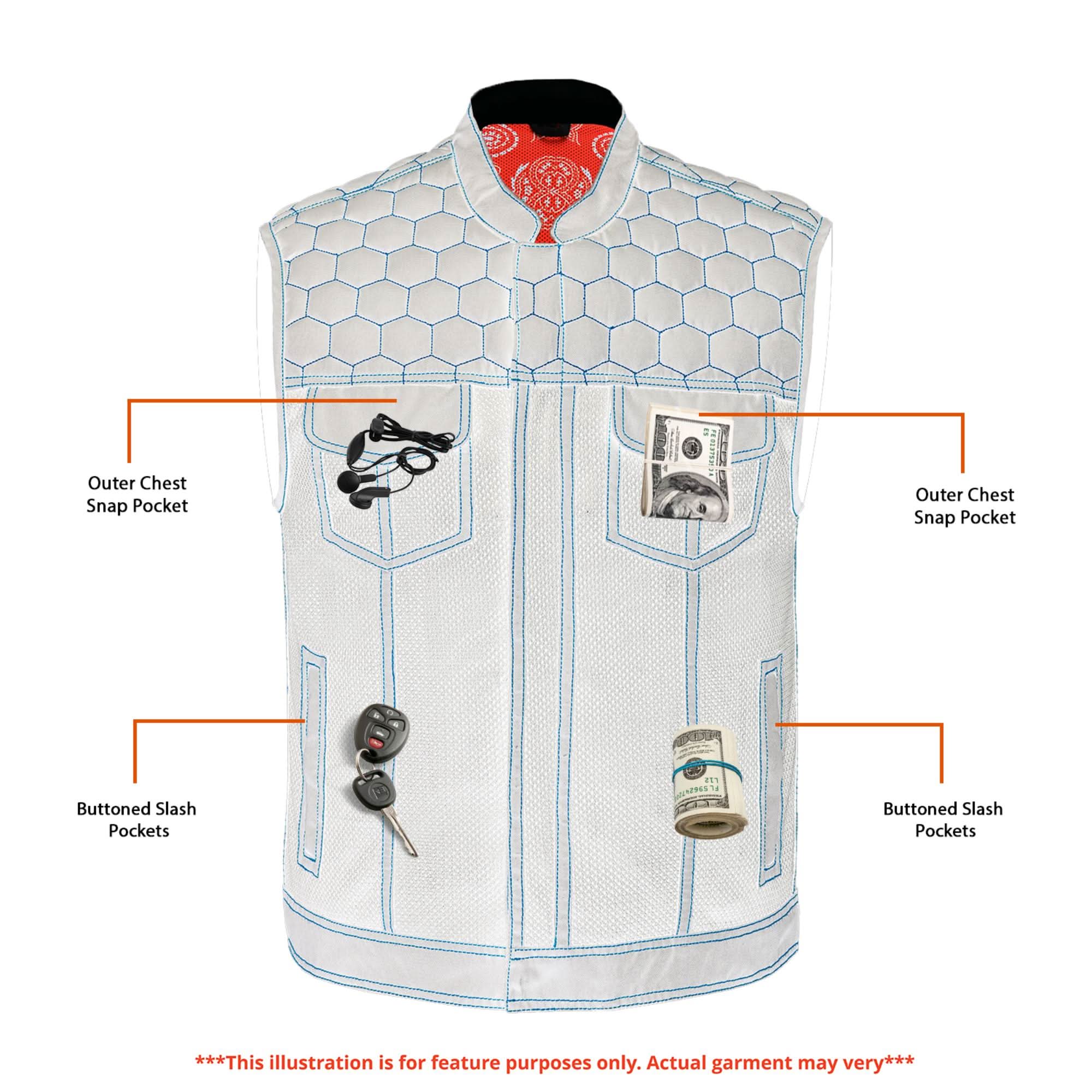 Night Tiger Menâ€™s Black Mesh Textile Vest with Orange Diamond Stitch Mens Textile Vests Renegade Classics