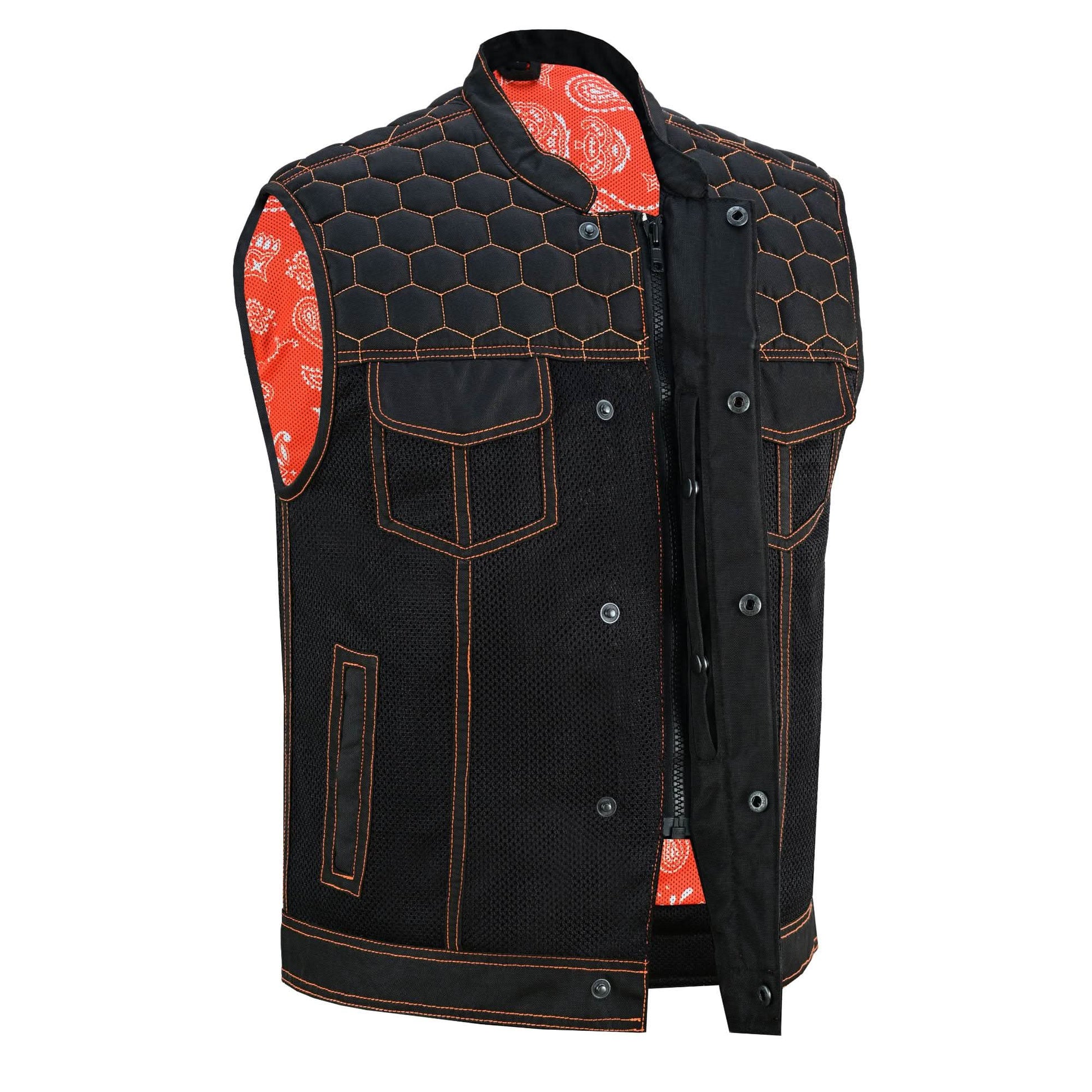 Night Tiger Menâ€™s Black Mesh Textile Vest with Orange Diamond Stitch Mens Textile Vests Renegade Classics