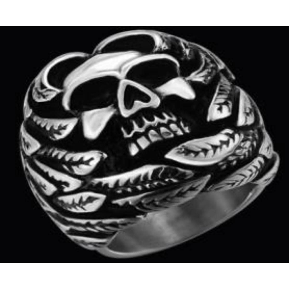R141 Stainless Steel Feather Face Skull Biker Ring Rings Renegade Classics