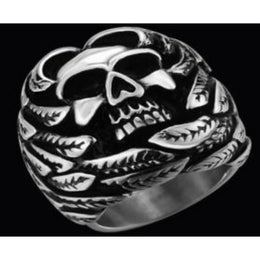 R141 Stainless Steel Feather Face Skull Biker Ring Rings Renegade Classics
