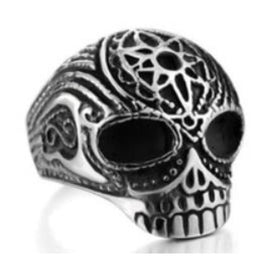 R186 Stainless Steel Flower Cane Skull Biker Ring Rings Renegade Classics