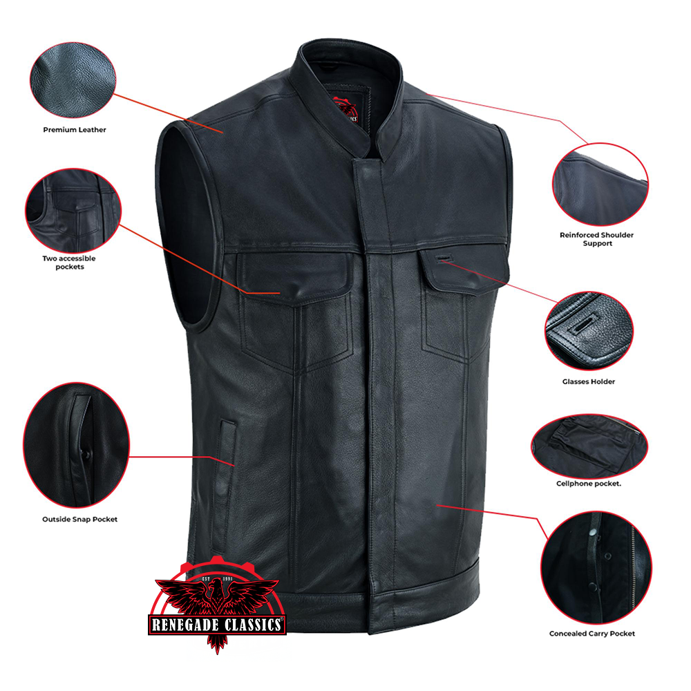 Highway Jack Men's Black Leather Motorcycle Vest Men's Leather Vests Renegade Classics