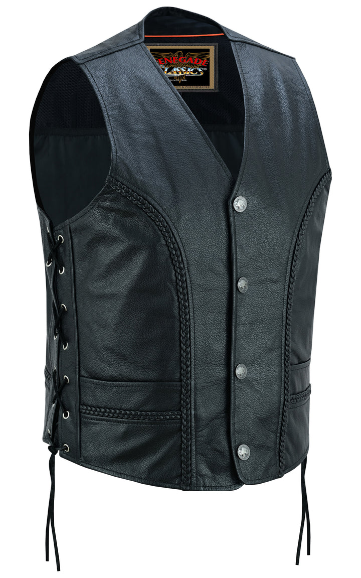 Charlie Men's Black Braided Leather Motorcycle Vest