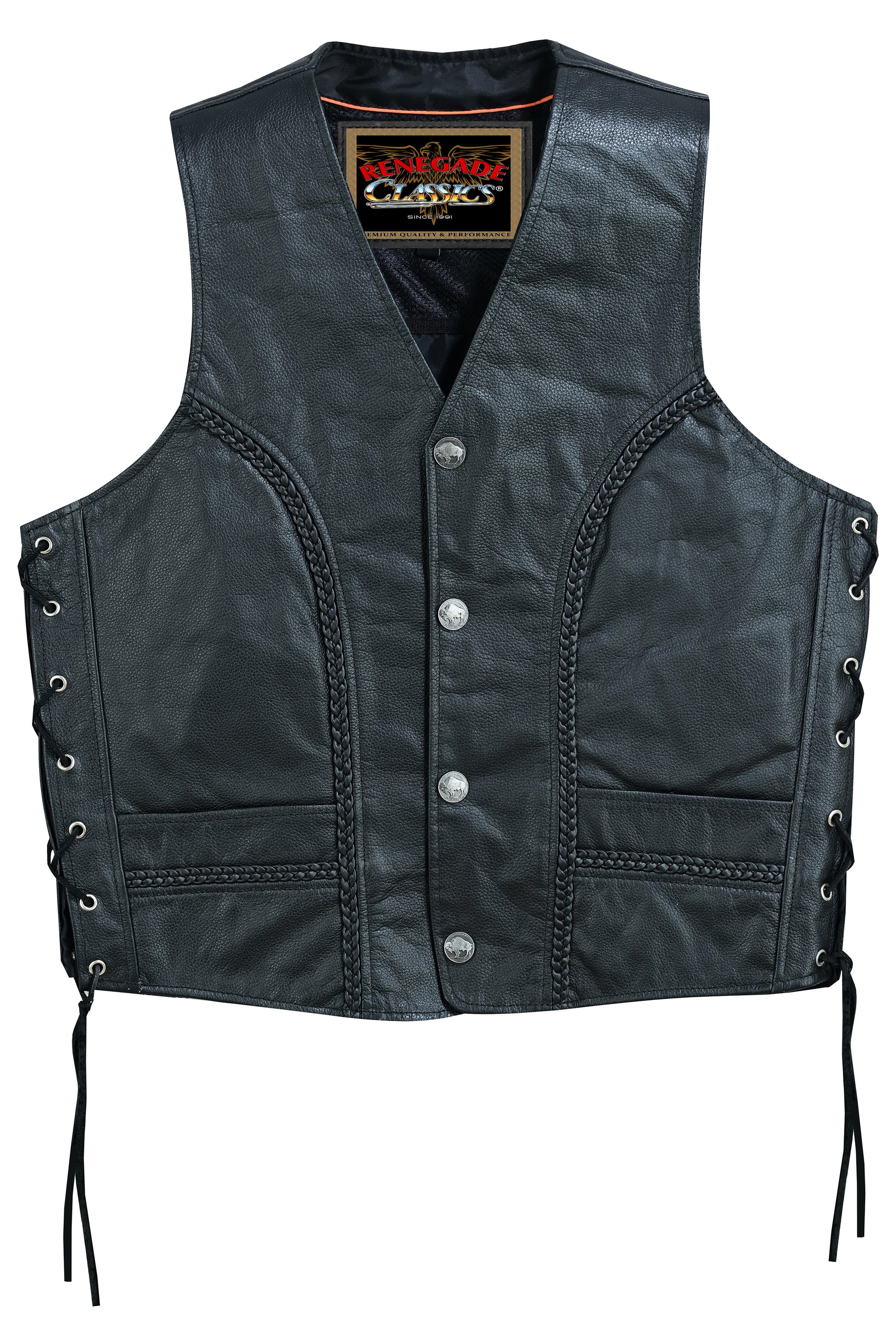 Charlie Men's Black Leather Motorcycle Vest Men's Leather Vests Renegade Classics