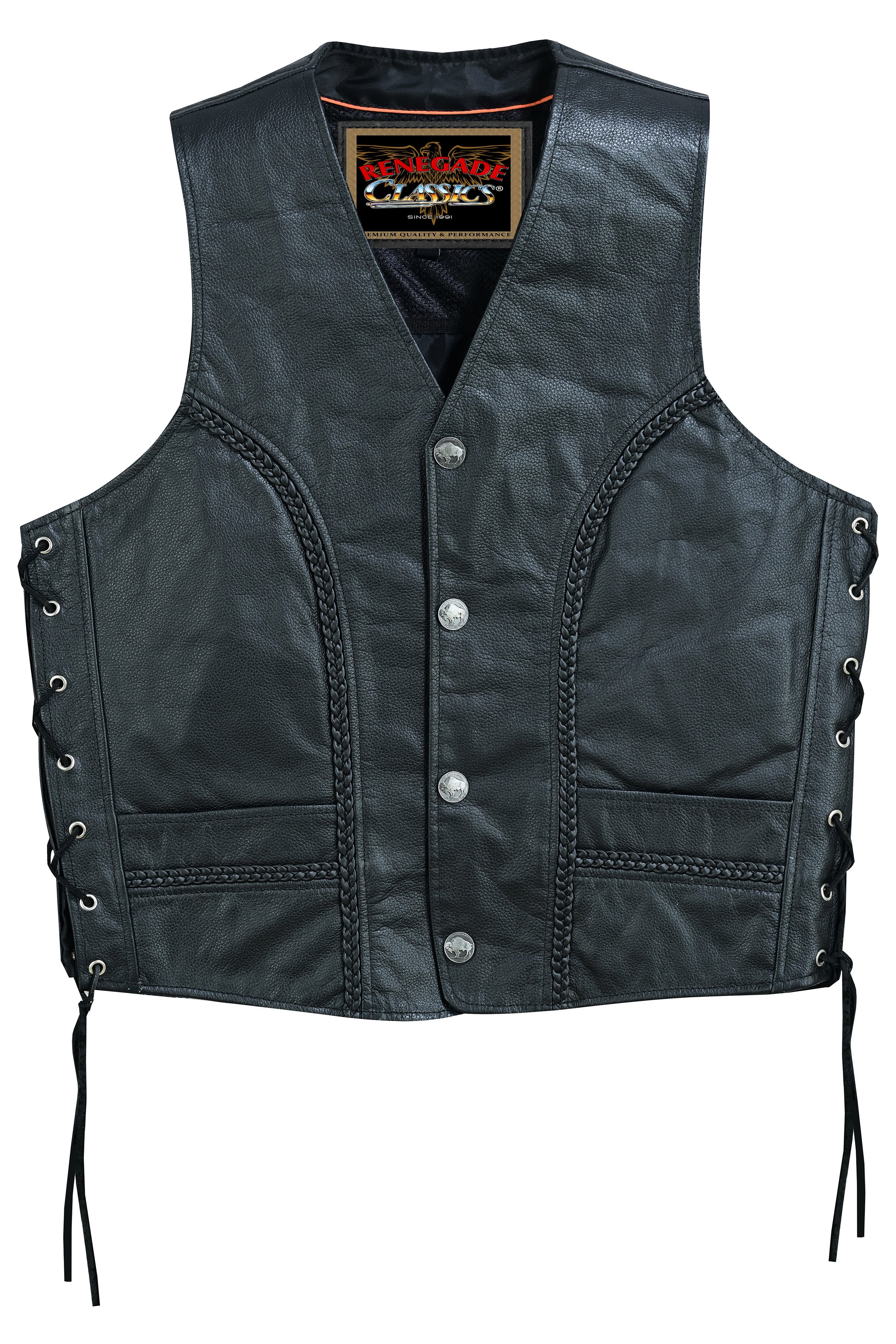 Charlie Men's Black Leather Motorcycle Vest Men's Leather Vests Renegade Classics