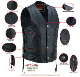 Charlie Men's Black Leather Motorcycle Vest Men's Leather Vests Renegade Classics