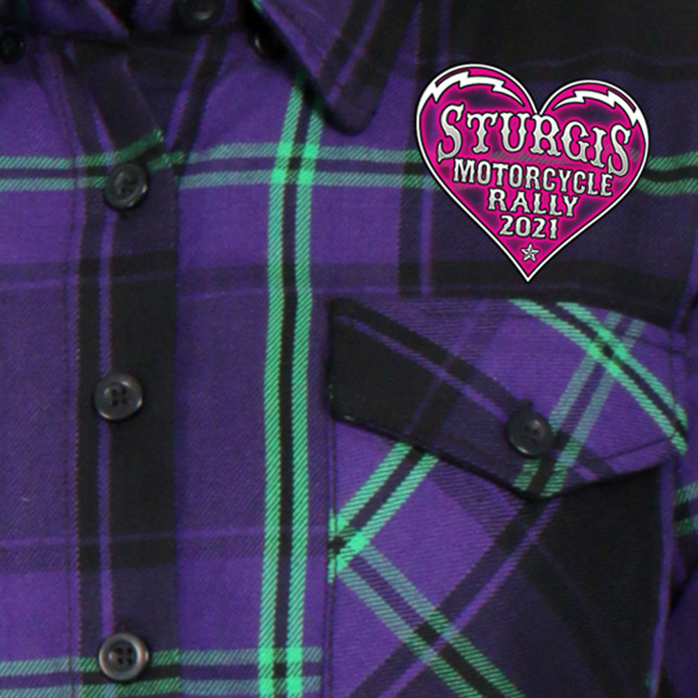 Sturgis Motorcycle Rally 2021 Heart Angel Ladies Purple and Blue Flannel Shirt