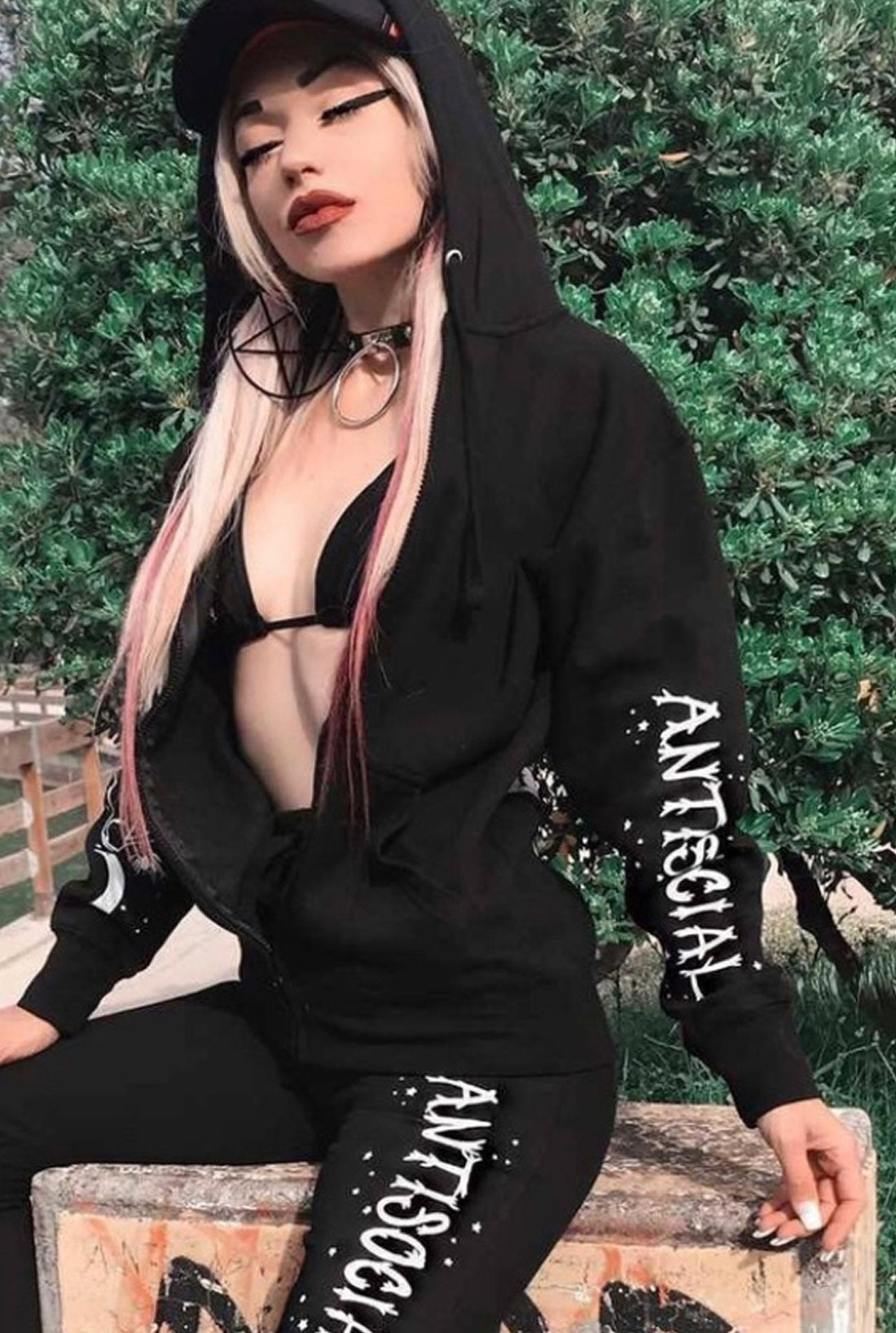 Antisocial Cat Witch Moon "Boyfriend Fit" Zipper Hoodie