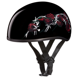 DOT Approved Daytona Motorcycle Half Face Helmet - Skull Cap Graphics for Men & Women, Scooters, ATVs, UTVs & Choppers - W/ Barbed Roses