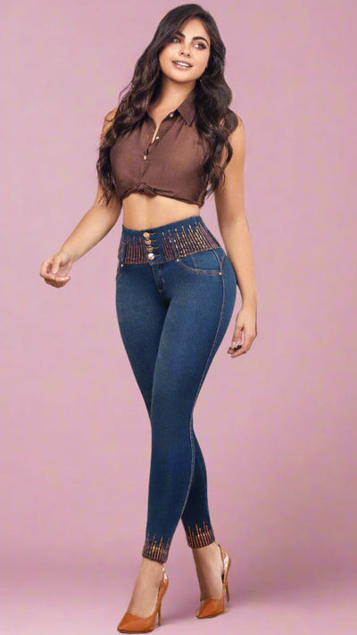 Julieth 100% Authentic Colombian Push Up Jeans copper-toned sequins