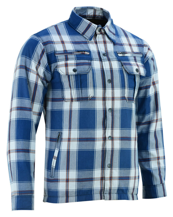 Alpha Check Men's  Armored Motorcycle Flannel Shirt - Blue/White/Maroon