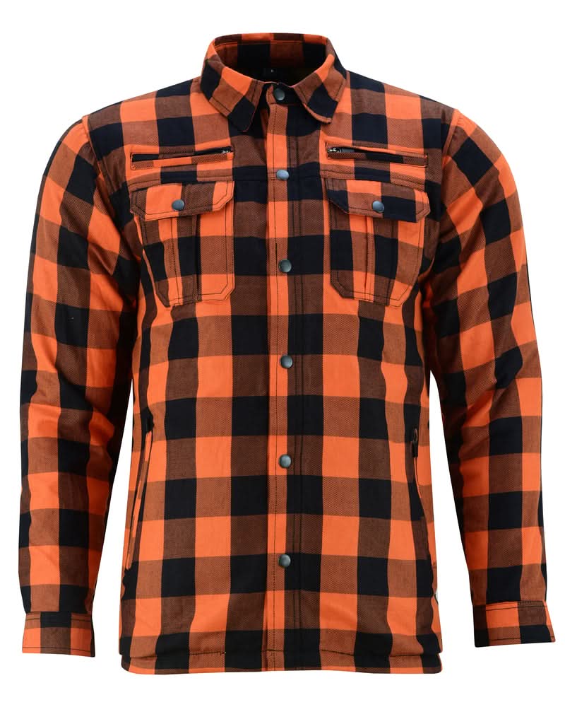 Alpha Check Men's Armored Motorcycle Flannel Shirt - Orange Flannel Renegade Classics