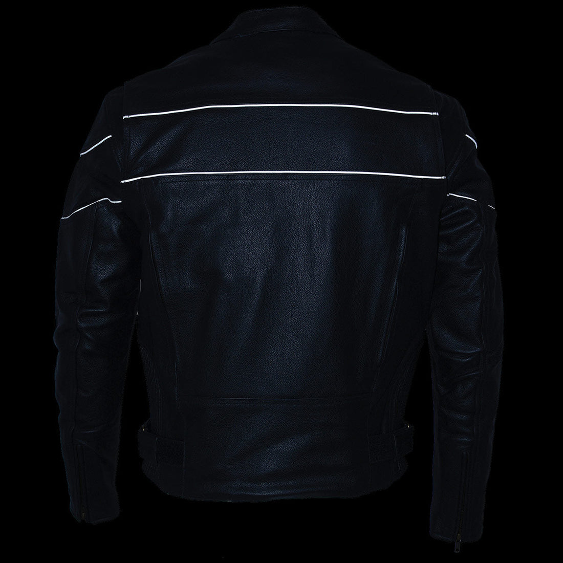 Milwaukee Leather LKM1785 Mens Black Leather Racer Style Motorcycle Jacket w/ Side Stretch and Reflective Piping