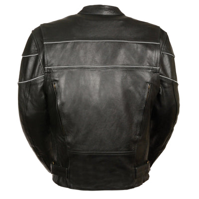Milwaukee Leather LKM1785 Mens Black Leather Racer Style Motorcycle Jacket w/ Side Stretch and Reflective Piping