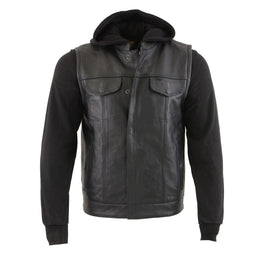 Milwaukee Leather LKM3714 Men's Black Club Style '2 in 1' Zipper Leather Vest with Removable Full Sleeve Hoodie