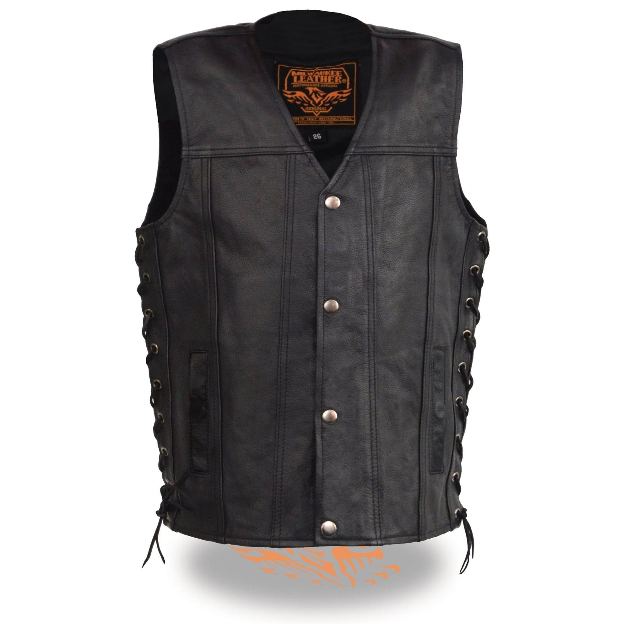 Milwaukee Leather LKY3870 Youth Size Black Leather Biker Style Vest with Snap Front and Side Laces