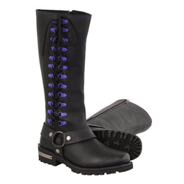 Milwaukee Leather Women's Black 14-inch Leather Harness Motorcycle Boots with Purple Accent Lacing MBL9366