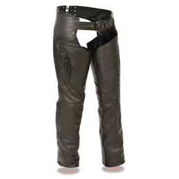 Milwaukee Leather Women's Classic Black Premium Leather Motorcycle Chaps w/ Black Wing Embroidery-ML1179
