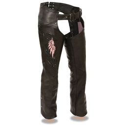 Milwaukee Leather Women's Classic Black Premium Leather Motorcycle Chaps w/ Pink Wing Embroidery-ML1179