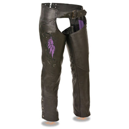Milwaukee Leather Women's Classic Black Premium Leather Motorcycle Chaps w/ Purple Wing Embroidery-ML1179