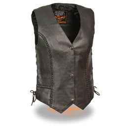 Milwaukee Leather ML1255 Women's Black Braided Premium Leather Side Lace Motorcycle Rider Vest