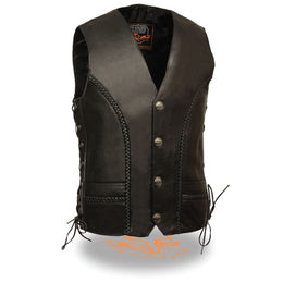 Milwaukee Leather ML1359 Men's Black Premium Leather Side Lace Motorcycle Rider Vest w/ Buffalo Nickel Snaps Closure