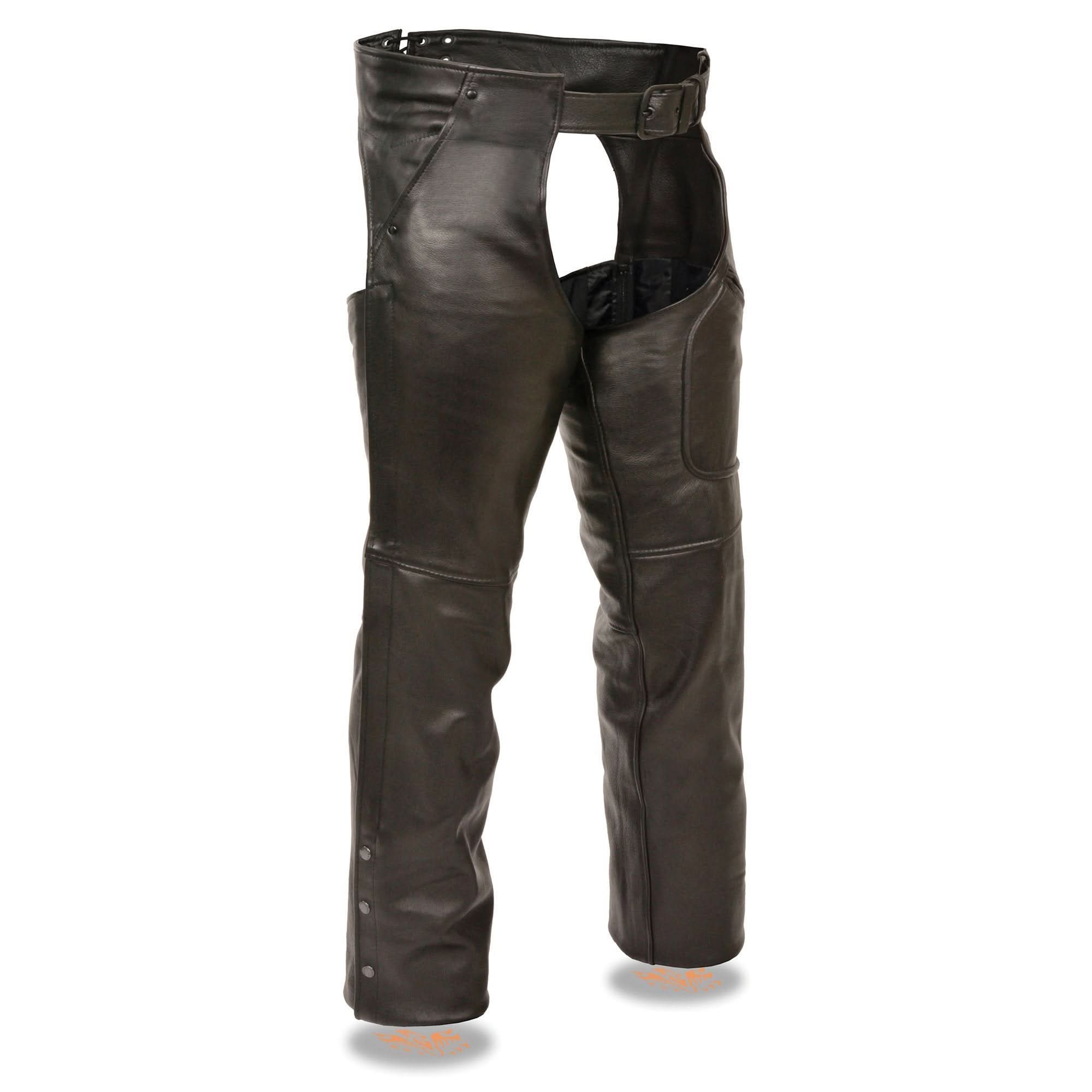 Milwaukee Leather Men's Black Premium Leather Motorcycle Rider Chaps w/ Front 3-Pockets - Thigh Patch Pocket-ML1766