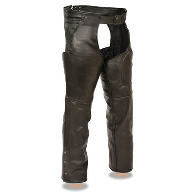 Milwaukee Leather Men's Black Premium Leather Motorcycle Rider Chaps w/ Front 3-Pockets - Thigh Patch Pocket-ML1766