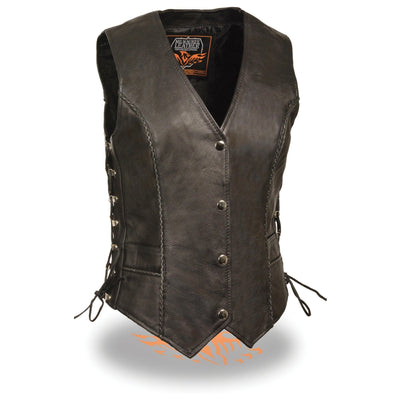 Milwaukee Leather ML2042 Women's Black Braided Premium Leather Motorcycle Rider Vest w/ Side Laces