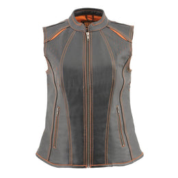 Milwaukee Leather MLL4507 Women's Black Leather Orange Accented Laser Cut Vented Scuba Style Motorcycle Rider Vest