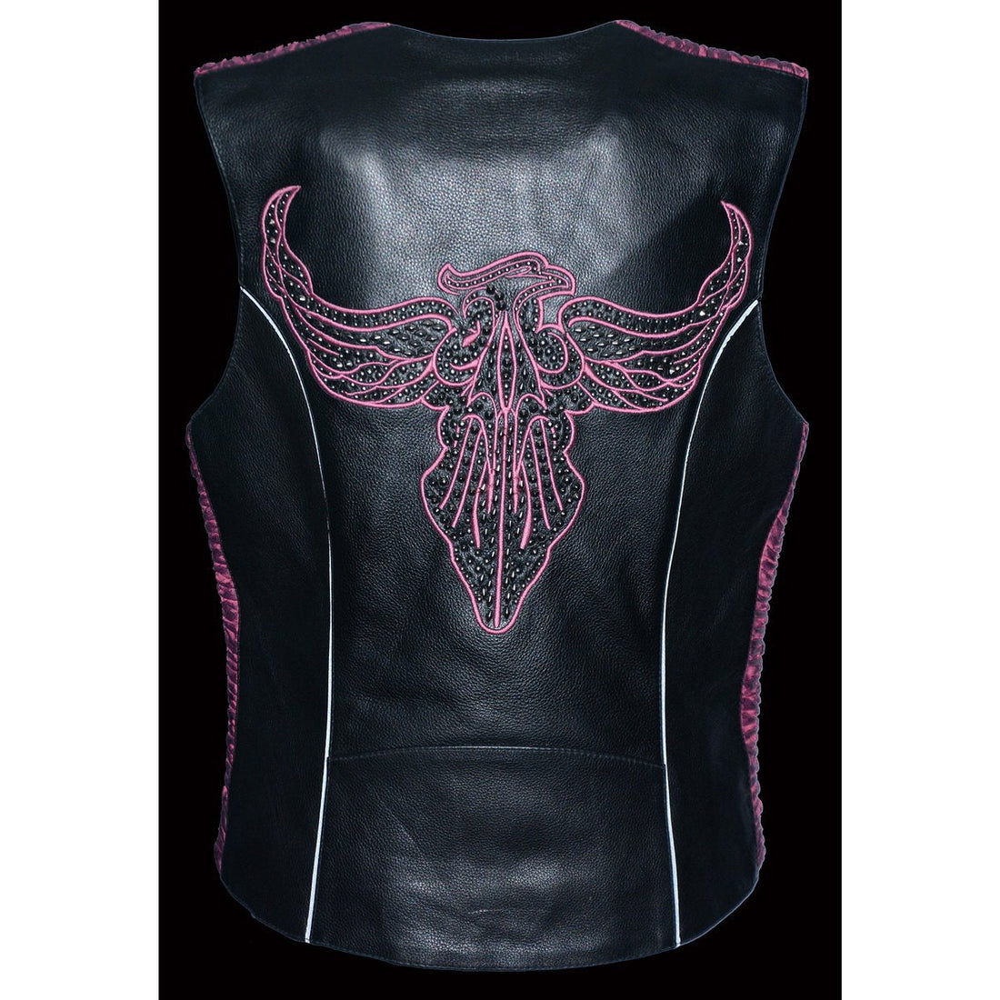 Milwaukee Leather MLL4570 Women's Studded Phoenix Black/Fuchsia Leather Motorcycle Vest w/ Embroidery Art