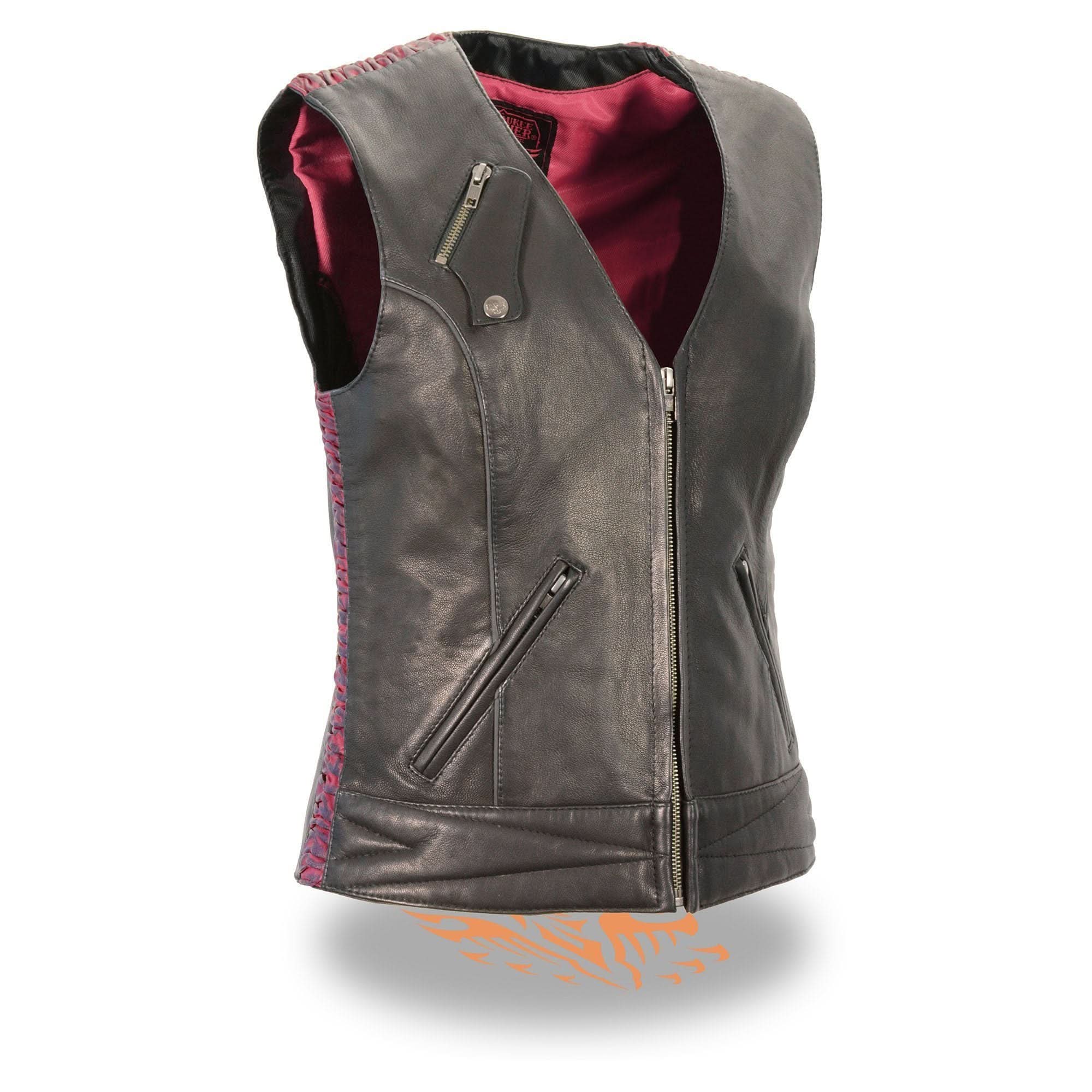 Milwaukee Leather MLL4571 Women's Black and Pink Lightweight Motorcycle Leather Vest w/ Crinkled Leather Design