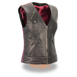 Milwaukee Leather MLL4571 Women's Black and Pink Lightweight Motorcycle Leather Vest w/ Crinkled Leather Design