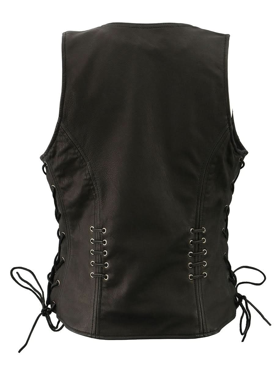 Milwaukee Leather Women's Classic V-Neck Black Leather Motorcycle Rider Vest w/ Adjustable Side Laces MLL4575