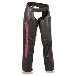 Milwaukee Leather Women's Black and Fuchsia Leather Hip Set Chaps w/ Crinkled Leg Striping MLL6500