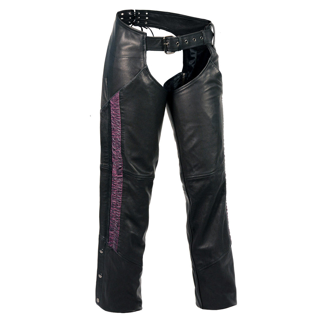 Milwaukee Leather Women's Black Premium Leather Motorcycle Rider Chaps w/ Purple Crinkled Stripes-Reflective Trim MLL6500