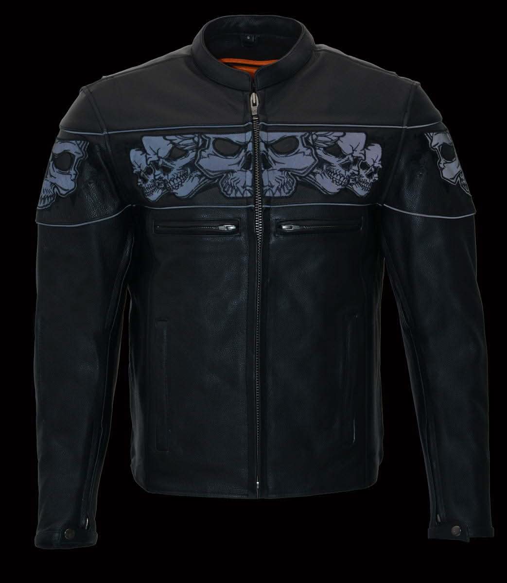 Milwaukee Leather MLM1501 Men's Reflective Skulls Premium Black Leather Motorcycle Jacket w/ Cool-Tec Treatement