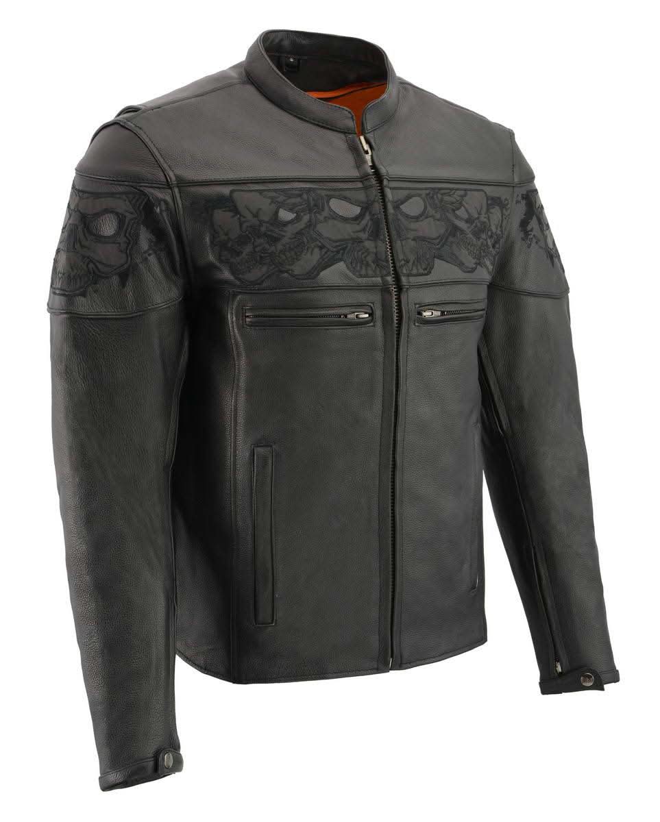 Milwaukee Leather MLM1501 Men's Reflective Skulls Premium Black Leather Motorcycle Jacket w/ Cool-Tec Treatement