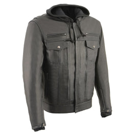 Milwaukee Leather MLM1537 Men's Black Leather ‘Utility Pocket’ Vented Jacket with Removable Hoodie