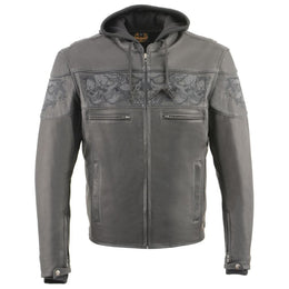 Milwaukee Leather MLM1563 Men's Black Leather Scooter Style Motorcycle Jacket with Reflective Skulls w/ Hoodie