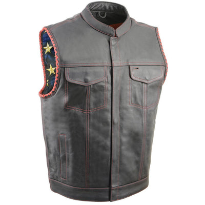 Milwaukee Leather MLM3506 Men's Black Premium Leather Vest - Old Glory Laced Armholes Red Stitching Club Style Vest