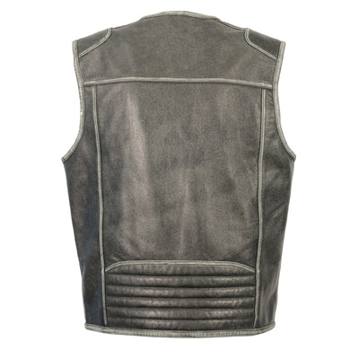 Milwaukee Leather MLM3536 Men's Distressed Grey Leather Collarless Motorcycle Rider Vest