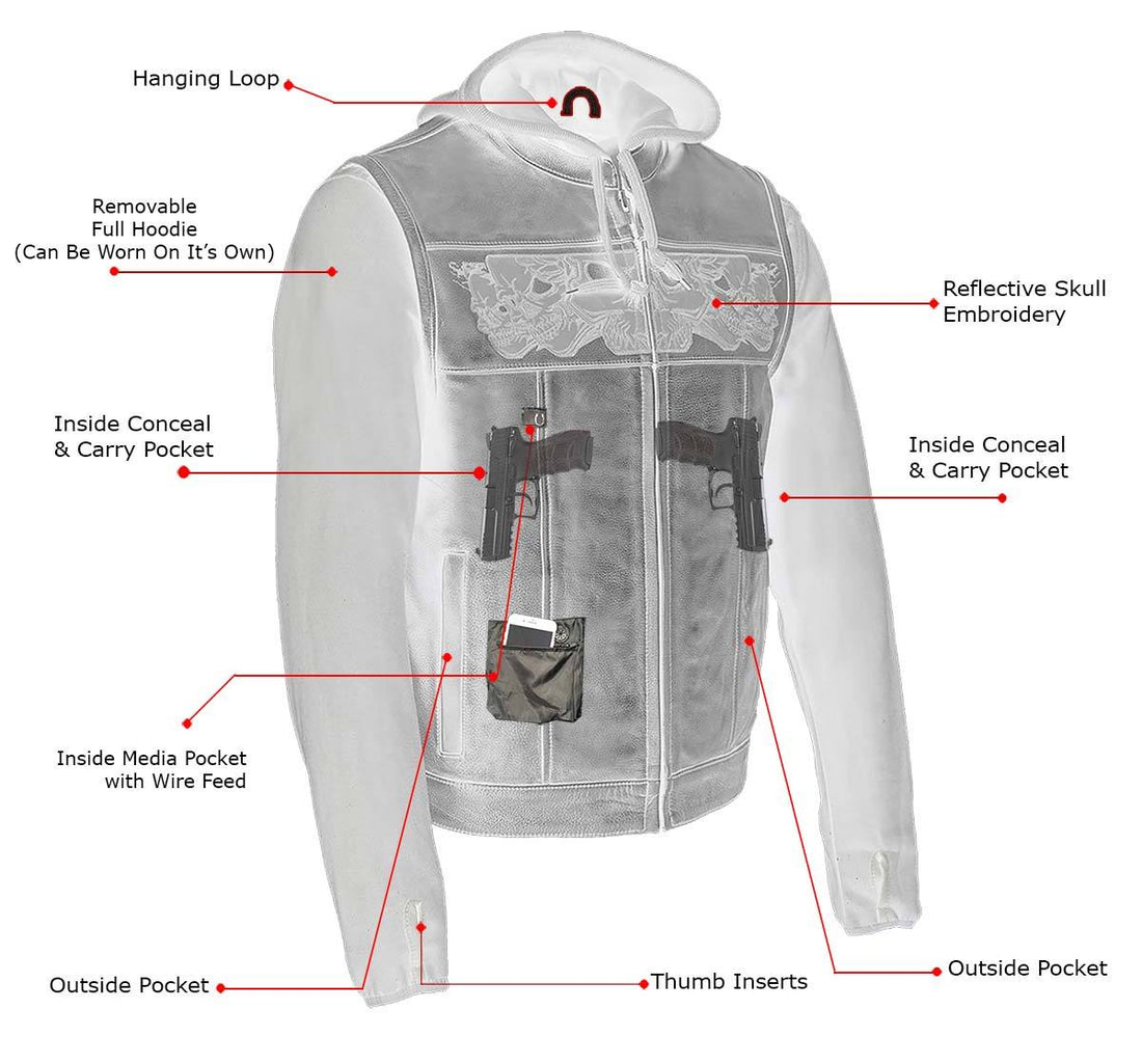 Milwaukee Leather MLM3563 Men's Leather Vest w/ Removeable Hoodie - Black 2 in 1 Reflective Skulls Motorcycle Vest