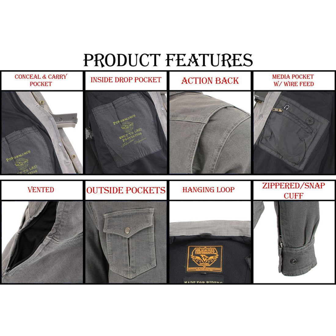 Milwaukee Leather MPM1621 Men's Grey Long Sleeve Flannel Biker Shirt w/ CE Armor - Reinforced w/ Aramid Fibers