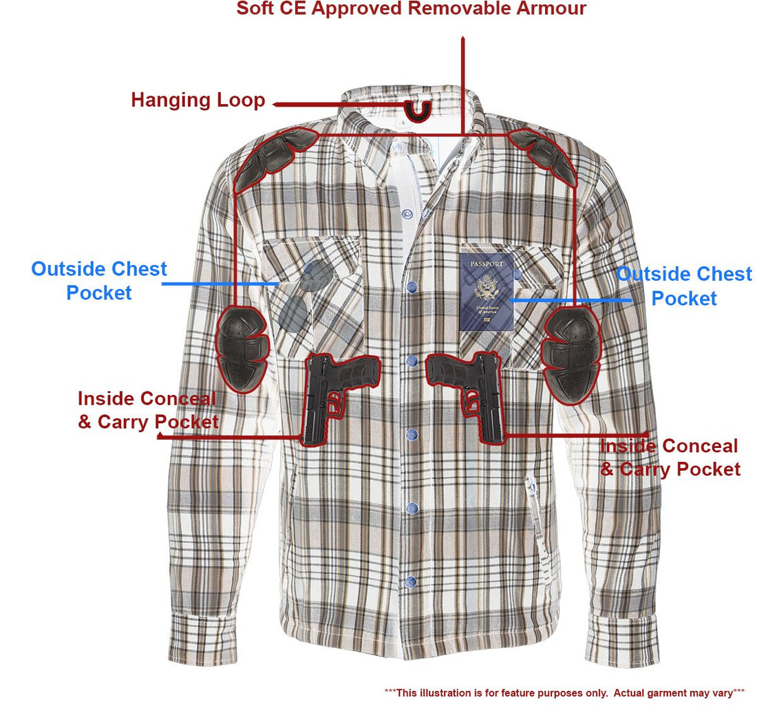 Milwaukee Leather MPM1636 Men's Long Sleeve Flannel Biker Shirt w/ CE Approved Armor - Reinforced w/ Aramid Fiber